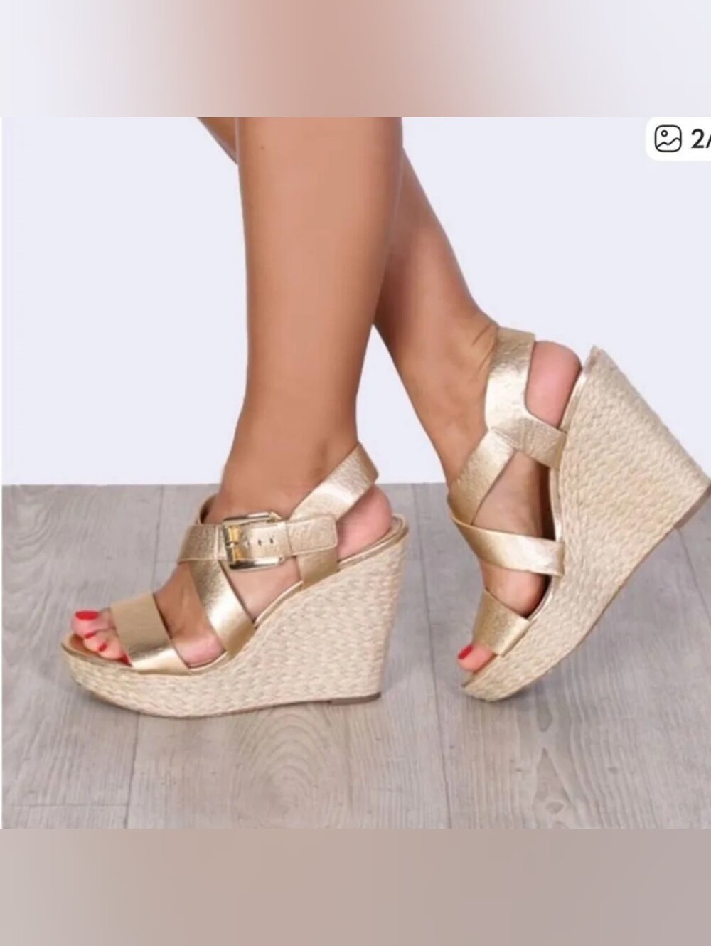 Kors Giovanna Gold Wedge Espadrilles Sandals Heels 9